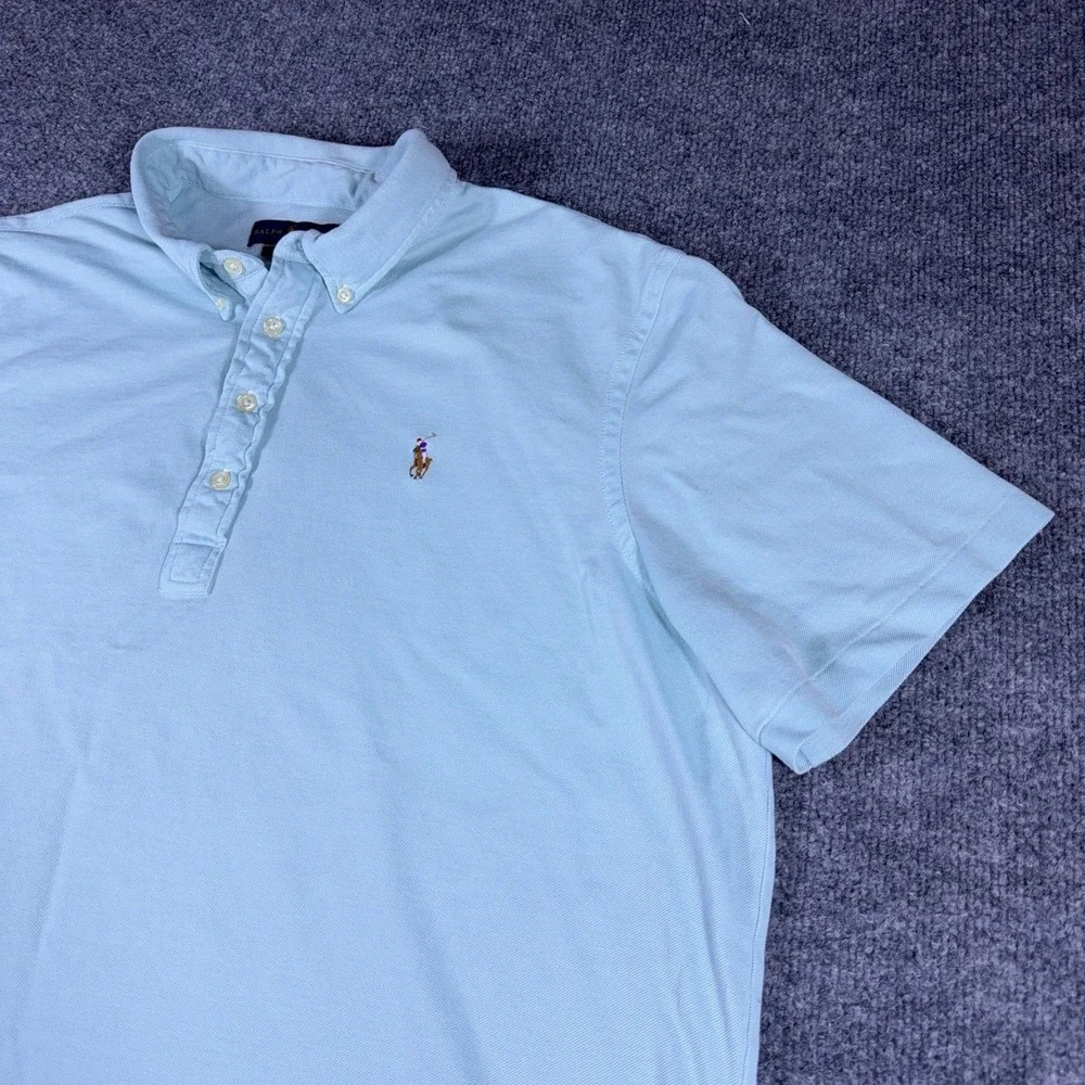 Polo Ralph Lauren Mens XXL Light Blue Knit Oxford Short Sleeve Polo Small Stain